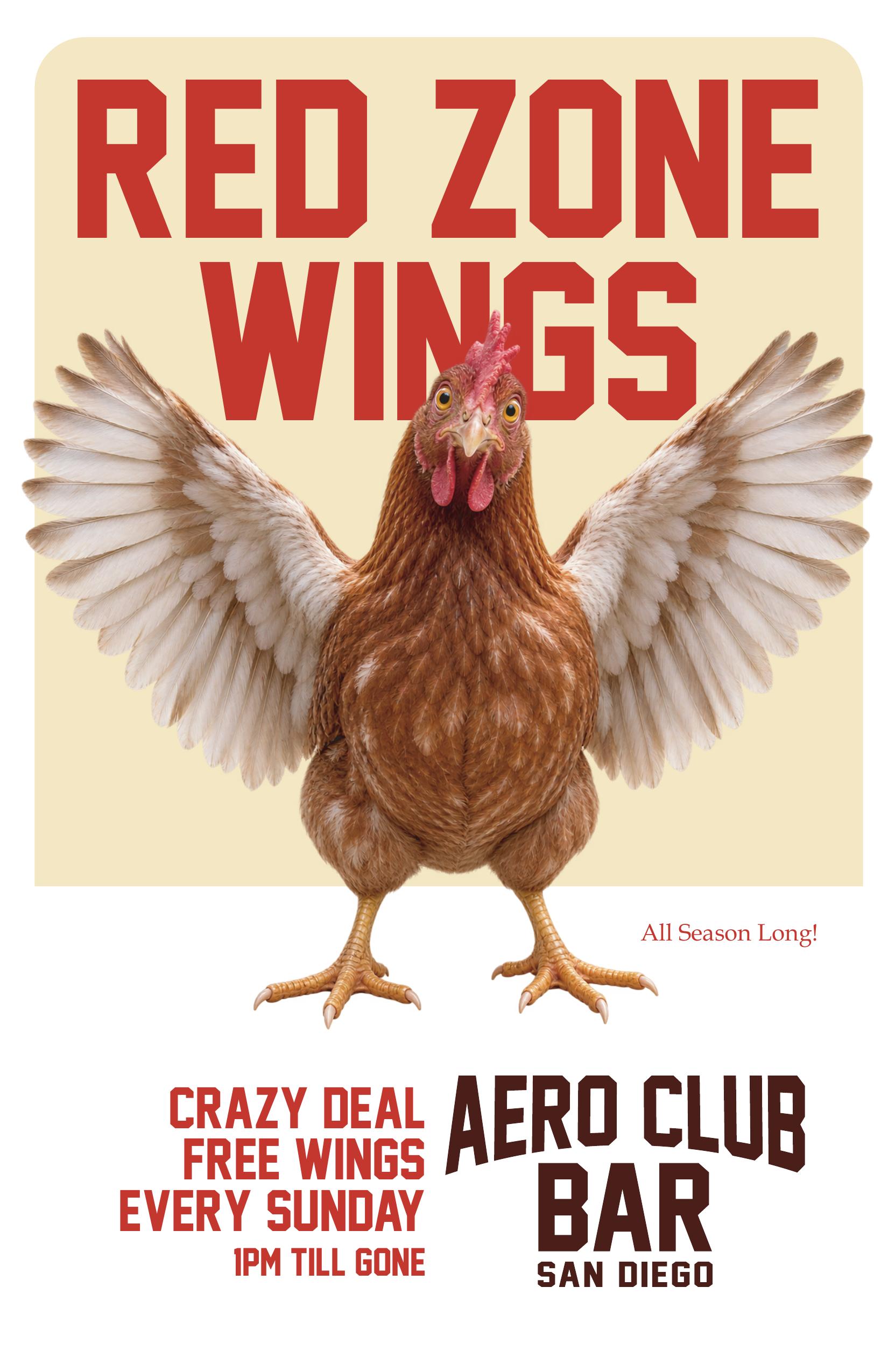 Red Zone Wings at Aero Club Bar — free wings every Sunday at 1pm until gone, all NFL season long.